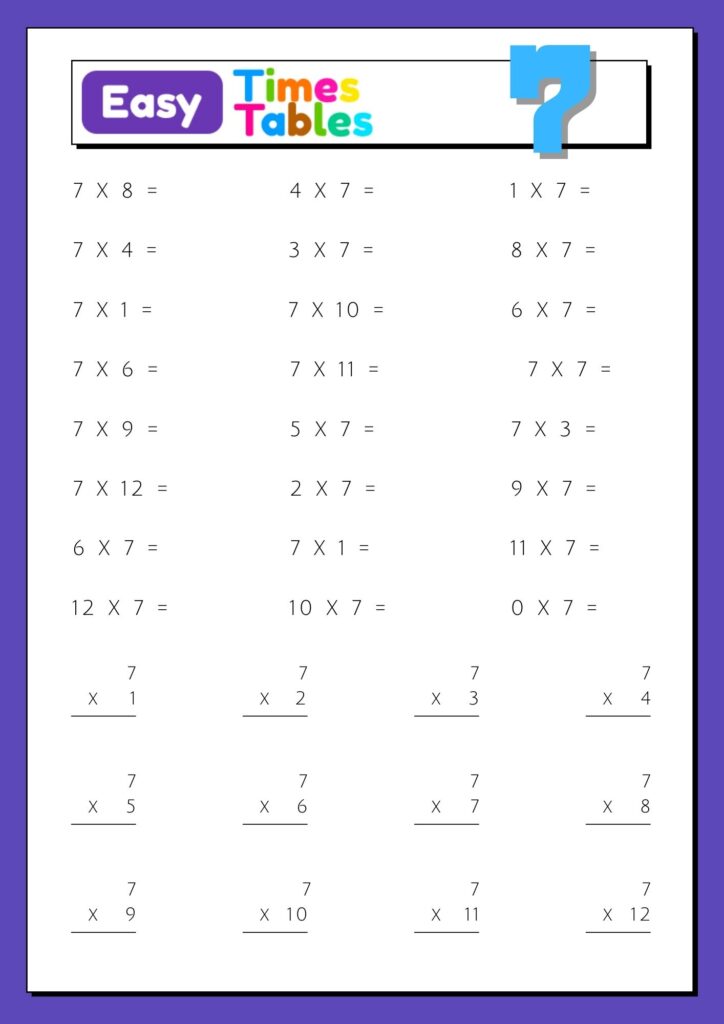 Images with printable exercises of multiplication table 7